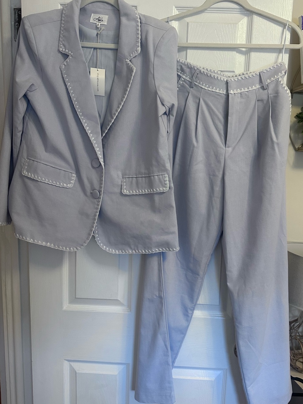 Notched baby blue Two-Piece Blazer & Pleated Pants Set by Abel in linen
